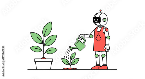 Robot watering plants in minimalist style with green leaves  