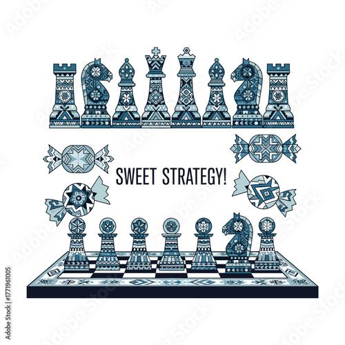 Chess pieces and candies arranged on board in blue and white design  