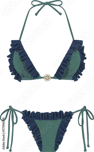 Luxurious Emerald Crochet Bikini Set, Dark Blue Ruffles, Gold Embellishment, Halter Neck Triangle Top, Tie-Side Brazilian Bottom, Bohemian Summer Beach Swimwear Isolated.