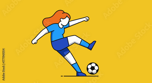Girl playing soccer by kicking a ball on a yellow background  