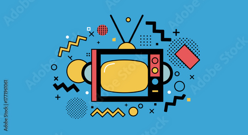 Retro television in colorful geometric background design  