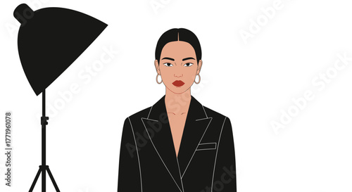 Young woman in stylish suit standing next to studio lighting equipment  