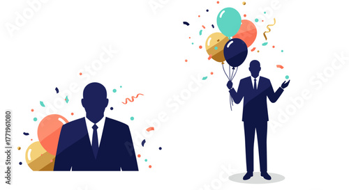 Silhouette of man holding colorful balloons at a festive celebration  