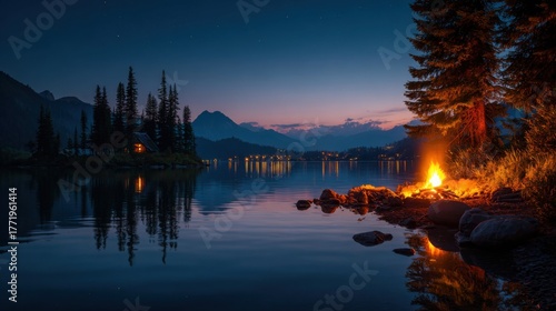 Fototapeta Naklejka Na Ścianę i Meble -  Night landscape with glowing campfire near lake surrounded by pine forest mountains and cozy cabin showing peace adventure and wilderness on white background
