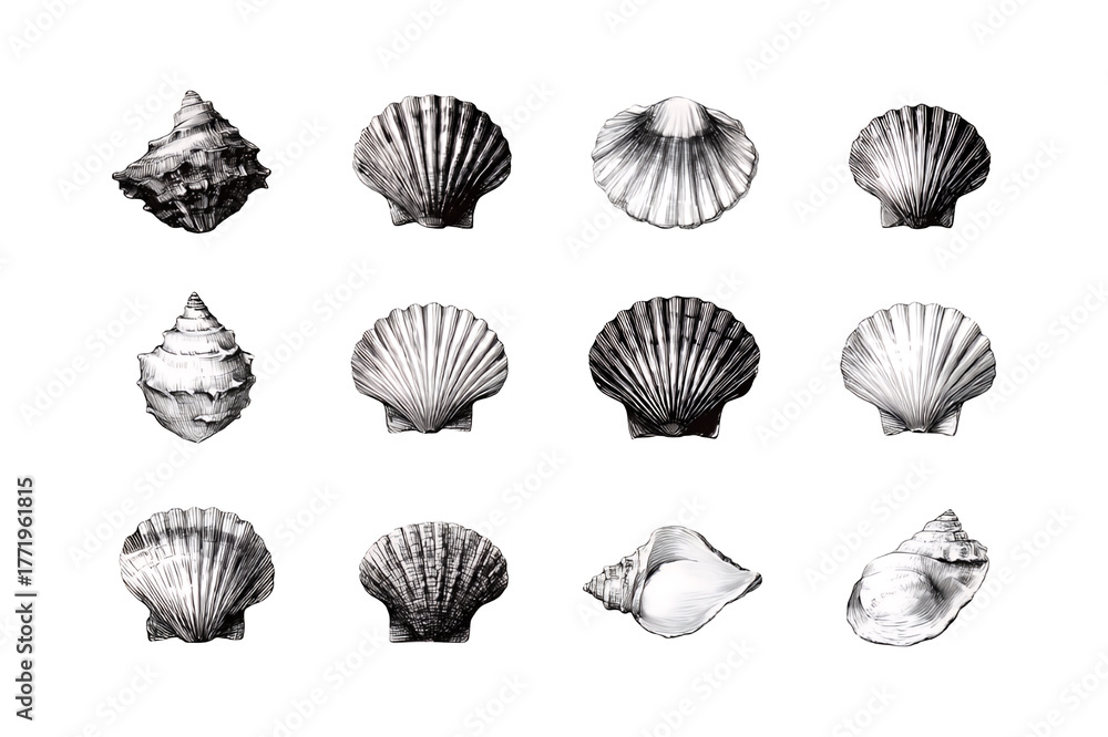 Fototapeta premium Collection of diverse seashells isolated on black displayed in grid pattern nature's intricate textures and shapes isolated on transparent background