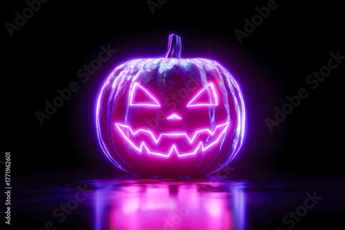 Glowing neon purple pumpkin with a creepy carved face illuminated in darkness reflecting on a glossy surface for Halloween decoration ideas
