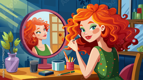 Very beautiful young woman with curly red hair applying makeup in front of a mirror at home, surrounded by soft natural light, warm tones, and a calm, intimate everyday lifestyle atmosphere.