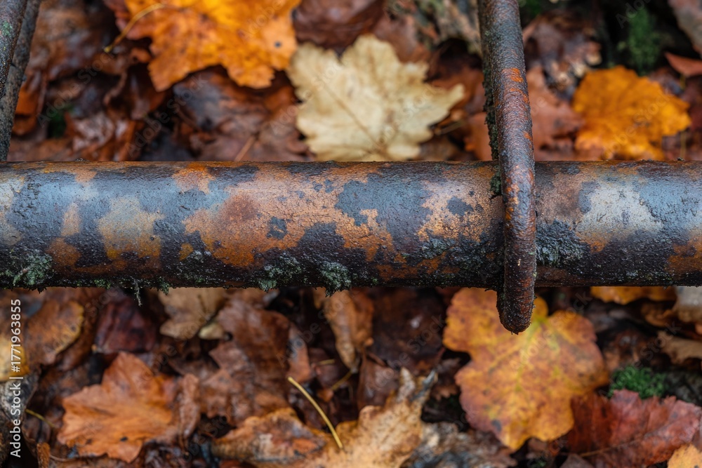 Obraz premium A rusty metal pipe, partially covered in moss, lies amidst a bed of vibrant autumn leaves, showcasing rustic textures and the beauty of decay.