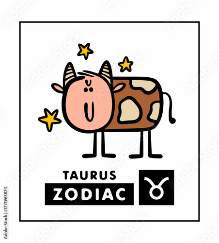 Zodiac sign Taurus. Vector illustration of a bull with a human head and horns. A mythical creature on a farm, a cow with a spotted hide. The science of astrology is for predicting the future.