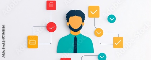 Man Linked to Tasks and Goals Colorful Flat Design, Workflow, Management