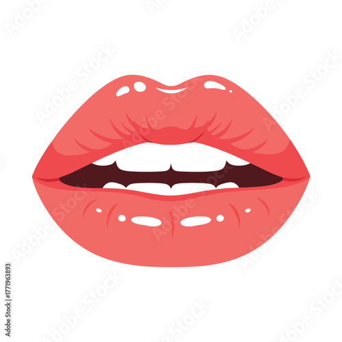 Closeup of glossy lips with white teeth woman mouth with bright pink lipstick