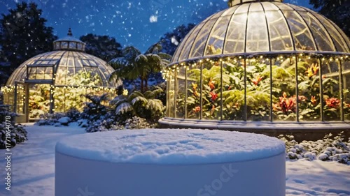 Enchanting winter wonderland botanical garden glasshouses illuminated with warm fairy lights amidst falling snow creating a magical serene atmosphere perfect for holiday Podium