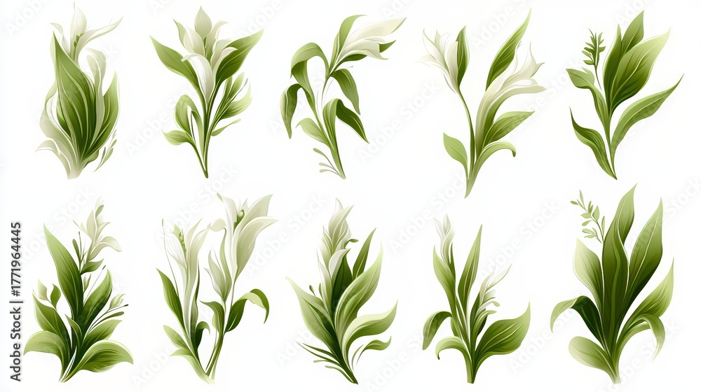 Fototapeta premium Set of green leaves with white flowers. The leaves are arranged in a row and are of various sizes