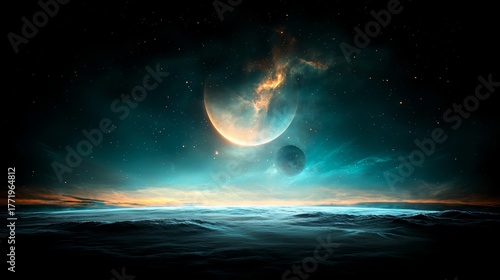 Space scene with a large planet and two smaller planets in the background. The sky is dark and the planets are floating in the sky