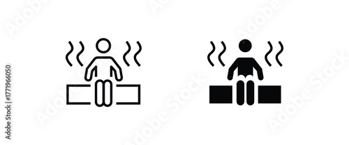Sauna SPA fitness, steam room vector icon, vector, hot boiling water relaxation, Steam room thin line icon man sitting in sauna on bench line and flat icons set, editable stroke isolated on white