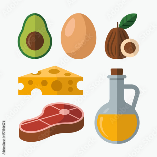 Keto diet food ingredients healthy eating lifestyle flat illustration