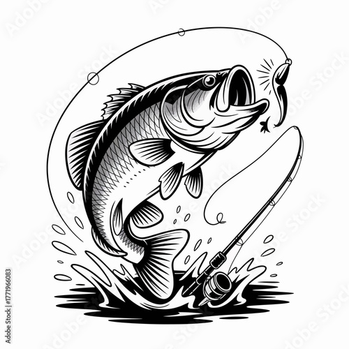 Largemouth bass leaping from water while fishing