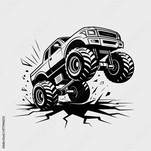 Black and white illustration of a monster truck jumping and crushing the ground