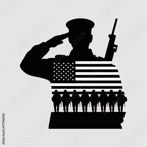 Silhouette of a soldier saluting with american flag and fallen heroes
