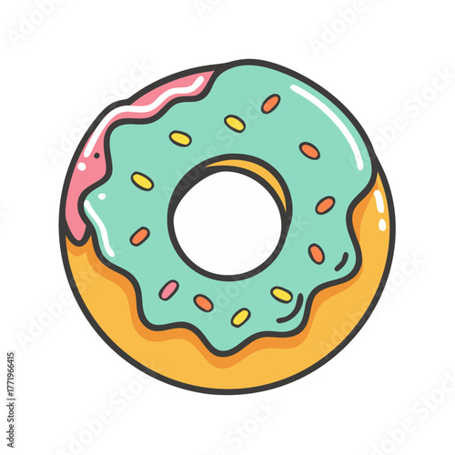 Cute teal frosted donut vector illustration with sprinkles