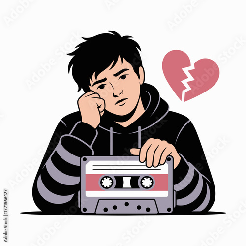 Sad young man with broken heart and cassette tape illustration
