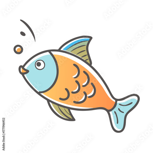 Cartoon orange fish swimming underwater with bubbles vector illustration