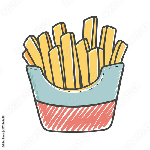 Hand-drawn french fries icon in a cardboard container vector illustration