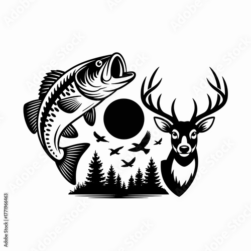 Outdoor adventure collage featuring fish deer forest and birds