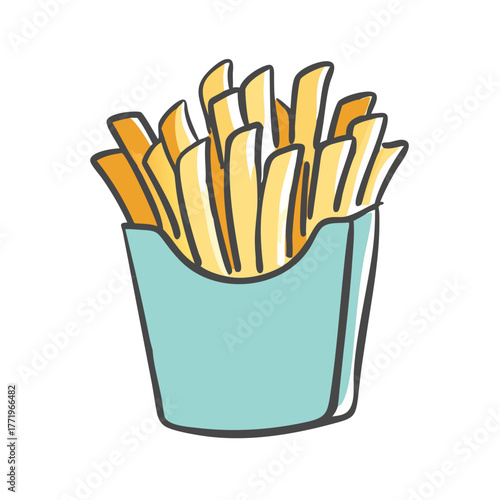 Vector illustration of delicious french fries in a light blue carton