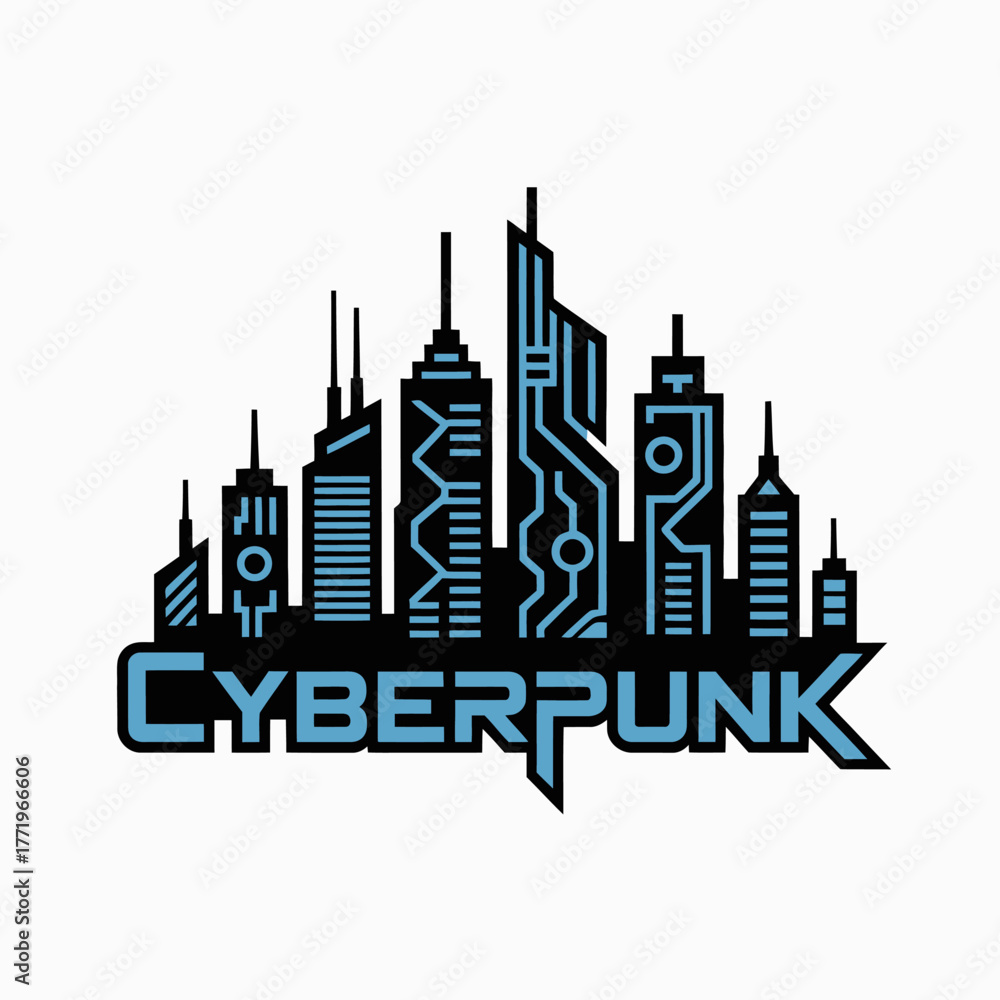 Fototapeta premium Futuristic cyberpunk cityscape with neon lights and geometric shapes