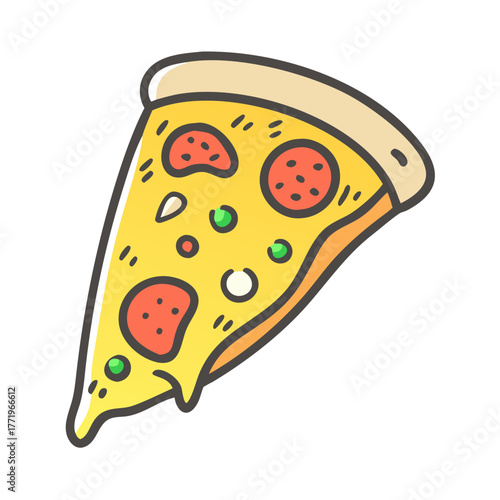 Delicious vector slice of pepperoni pizza illustration for food graphics