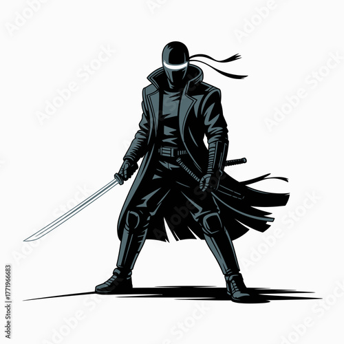 Futuristic warrior in black coat holding a glowing sword