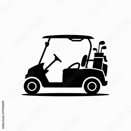 Black silhouette of a golf cart with golf clubs in the back on a white background