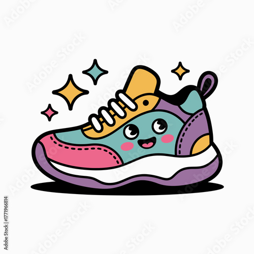 Cute kawaii cartoon sneaker shoe with happy face and sparkles