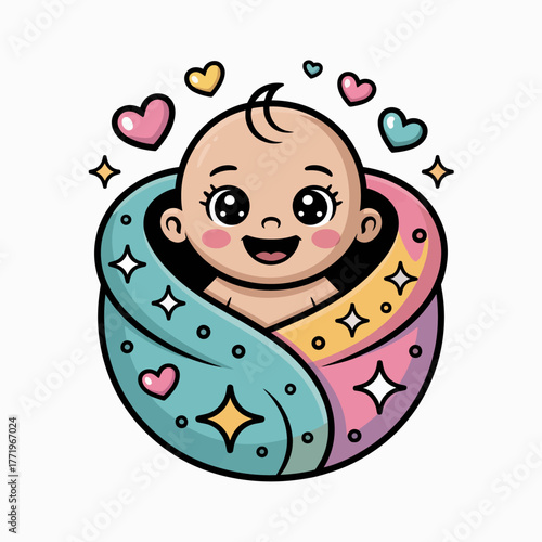 Cute baby wrapped in a colorful swaddle blanket surrounded by hearts