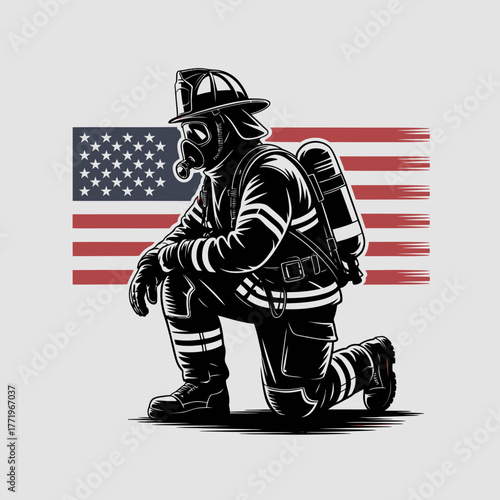 Firefighter kneeling in front of american flag wearing protective gear