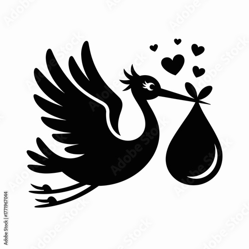 Black silhouette of a stork carrying a baby in a bundle with hearts