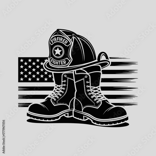 Firefighter helmet and boots with american flag tribute