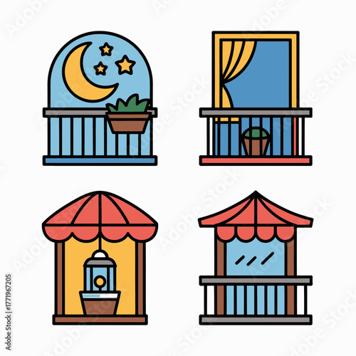 Collection of four stylized balconies and awnings with decorative elements