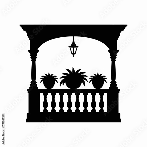 Silhouette of a balcony with plants and lantern