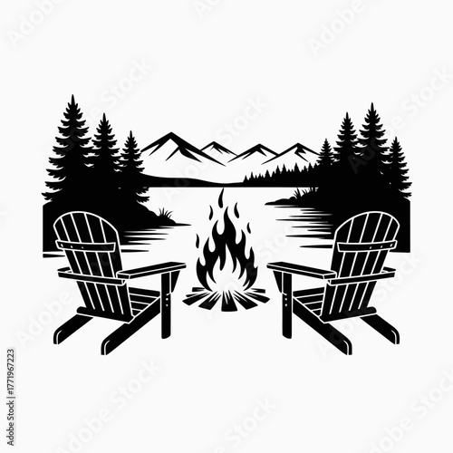 Cozy adirondack chairs by a campfire with mountain lake scenery