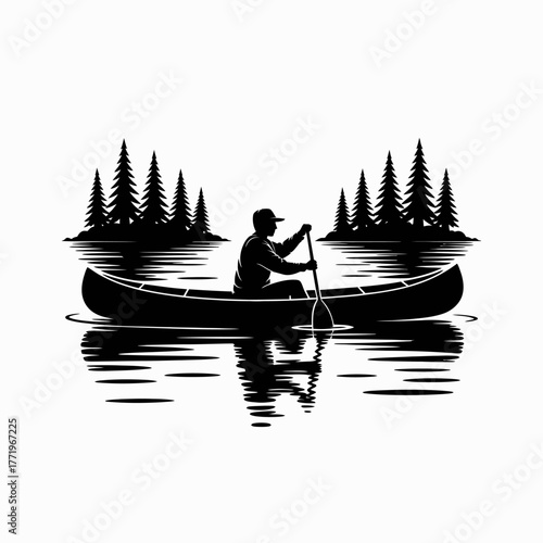 Silhouette of a person paddling a canoe on a calm lake with pine trees