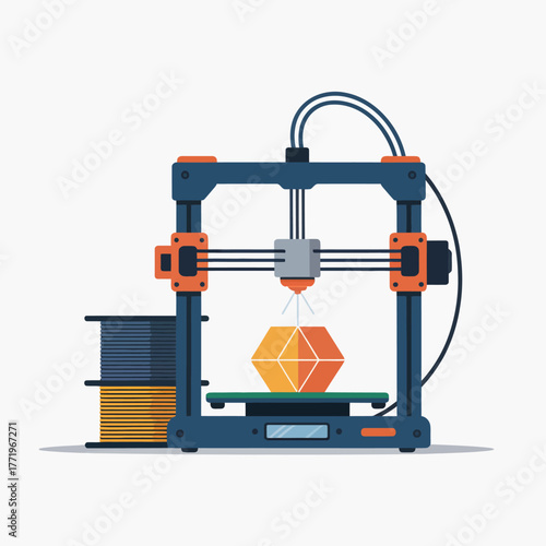 Modern 3d printer creating an orange geometric object with filament spools