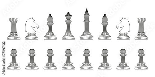 Full set of chess pieces  in minimalist wireframe style,  black lines and contours white background.