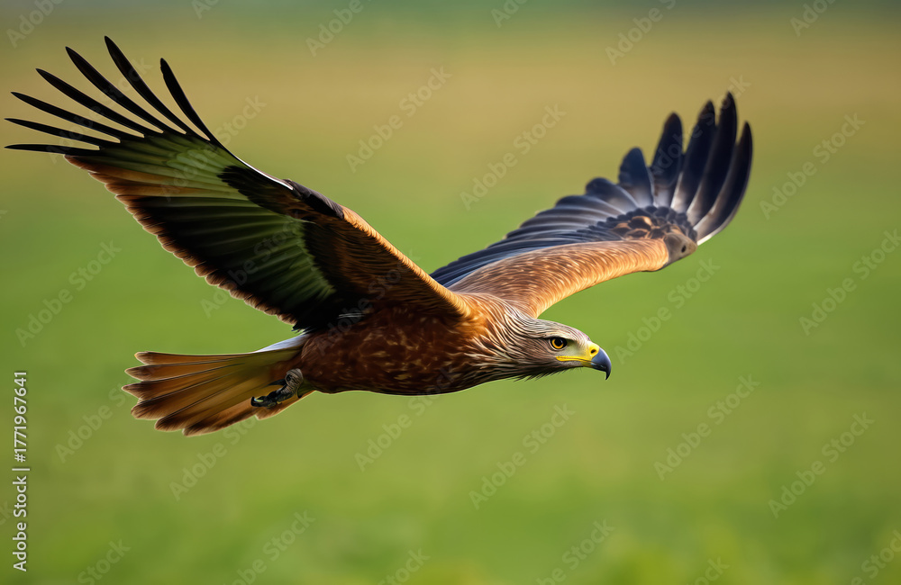 Fototapeta premium Brown eagle flies over green field during daytime. Bird of prey with wide wingspan soars in sky. Majestic raptor hunts prey in its natural habitat, predator.