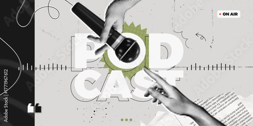 Trendy Halftone Collage Podcast broadcast. Hand holding studio microphone. Online radio news. Talk show and interview. Soundcheck concept. Streaming service. Grunge retro vector illustration art