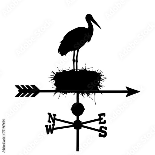 Stork standing on nest atop a weather vane with directional arrows, transparent background, isolated, vector, icon  