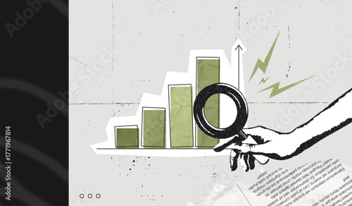 Trendy Halftone Stipple effect Hand holding magnifying glass with up chart. Finance business data graph. Stock market statistics chart. Trending upwards. Vintage retro vector illustration art