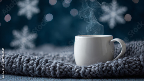 Wallpaper Mural A cup of hot beverage with steam rising from it, placed on a knitted blanket against a snowy backdrop Torontodigital.ca