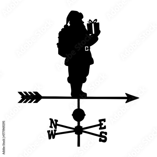 Santa Claus holding a gift on a weather vane symbolizing direction, transparent background, isolated, vector, icon 